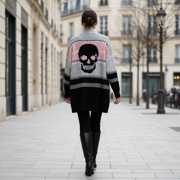 $595 SKULL CASHMERE cardigan sweater oversized wool cashmere blend M - Picture 3 of 8
